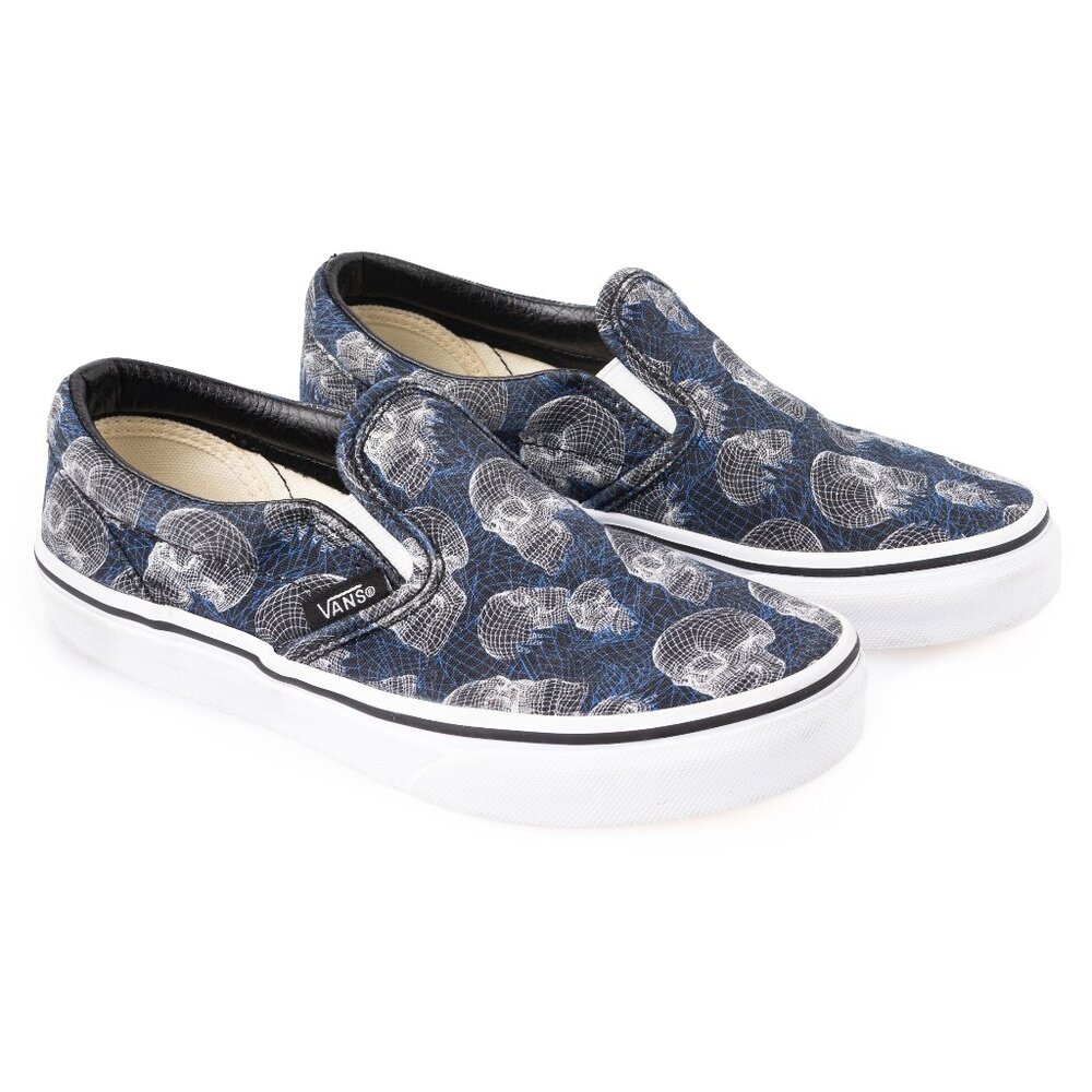 Vans Kids Size 2 Classic Slip On Wireframe Skull Navy White Black Print Sneakers